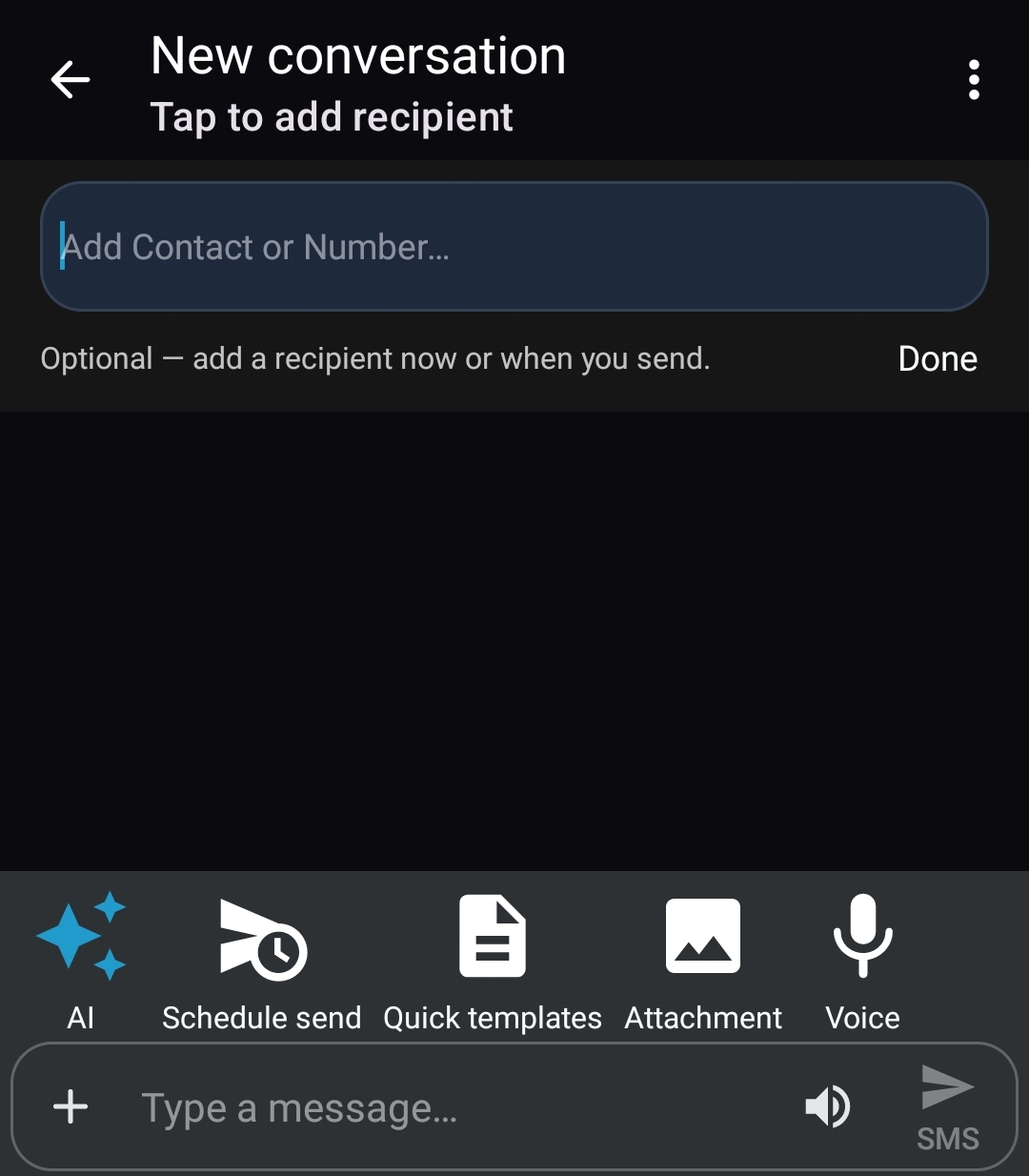 QuantaSMS new message compose with AI, schedule send, templates, attachment, and voice tools