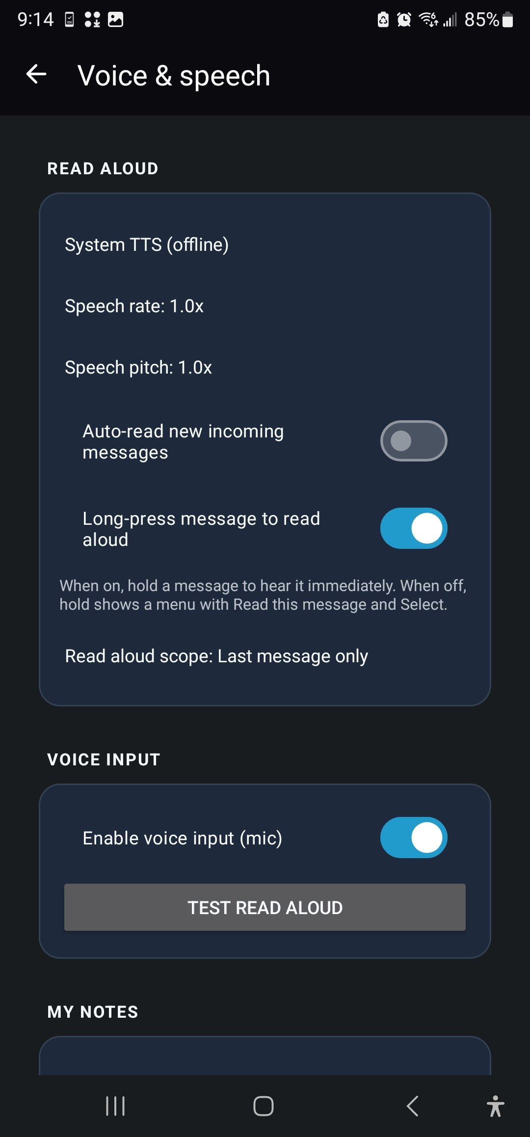 Bento-style settings screen