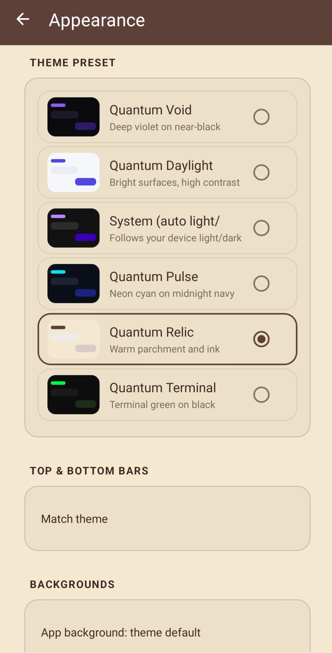 QuantaSMS Appearance theme picker — Quantum Relic